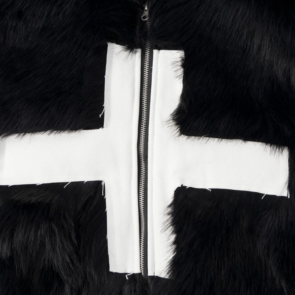 Men's Trendy Cross Patch Embroidery Faux Fur Hooded Cotton Padded Jacket