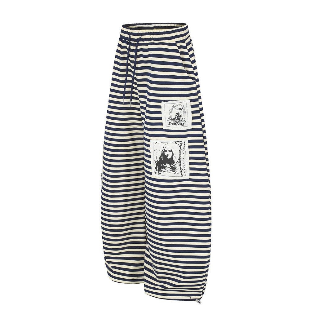 Men's Streetwear Stripe Wide-Leg Parachute Pants Casual Dark Portrait Patch Spliced Loose Trousers