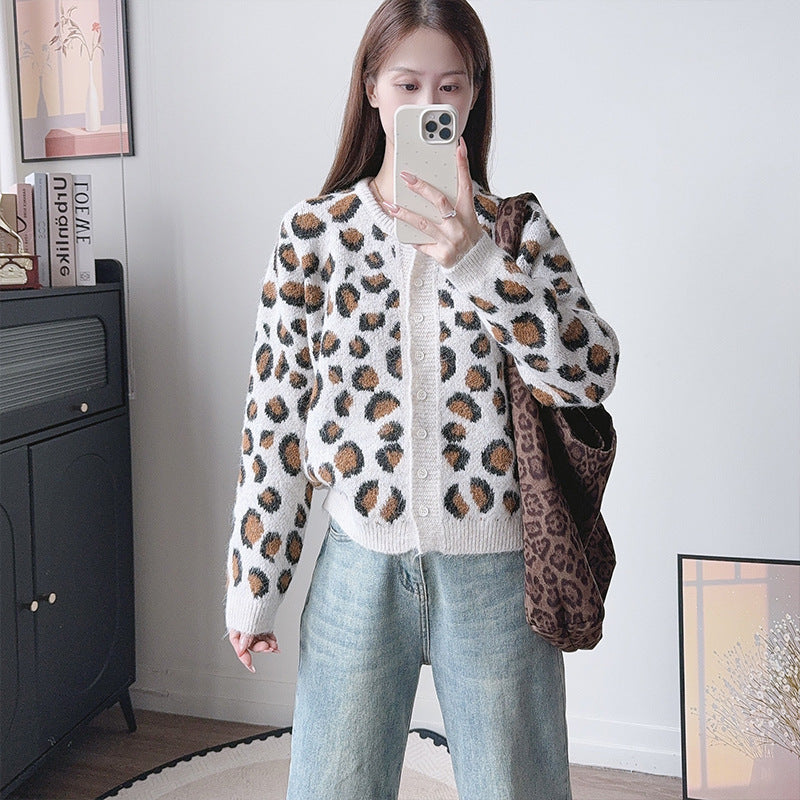 Leopard print long sleeved round neck sweater