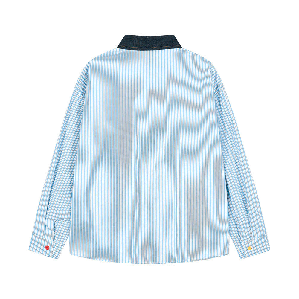 Men's Street Style Color Block Cartoon Mickey Vertical Striped Long Sleeve Lapel Collar Shirt