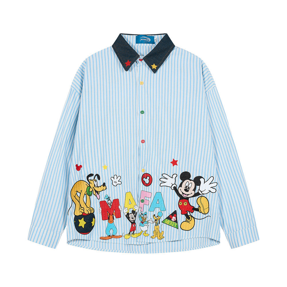 Men's Street Style Color Block Cartoon Mickey Vertical Striped Long Sleeve Lapel Collar Shirt