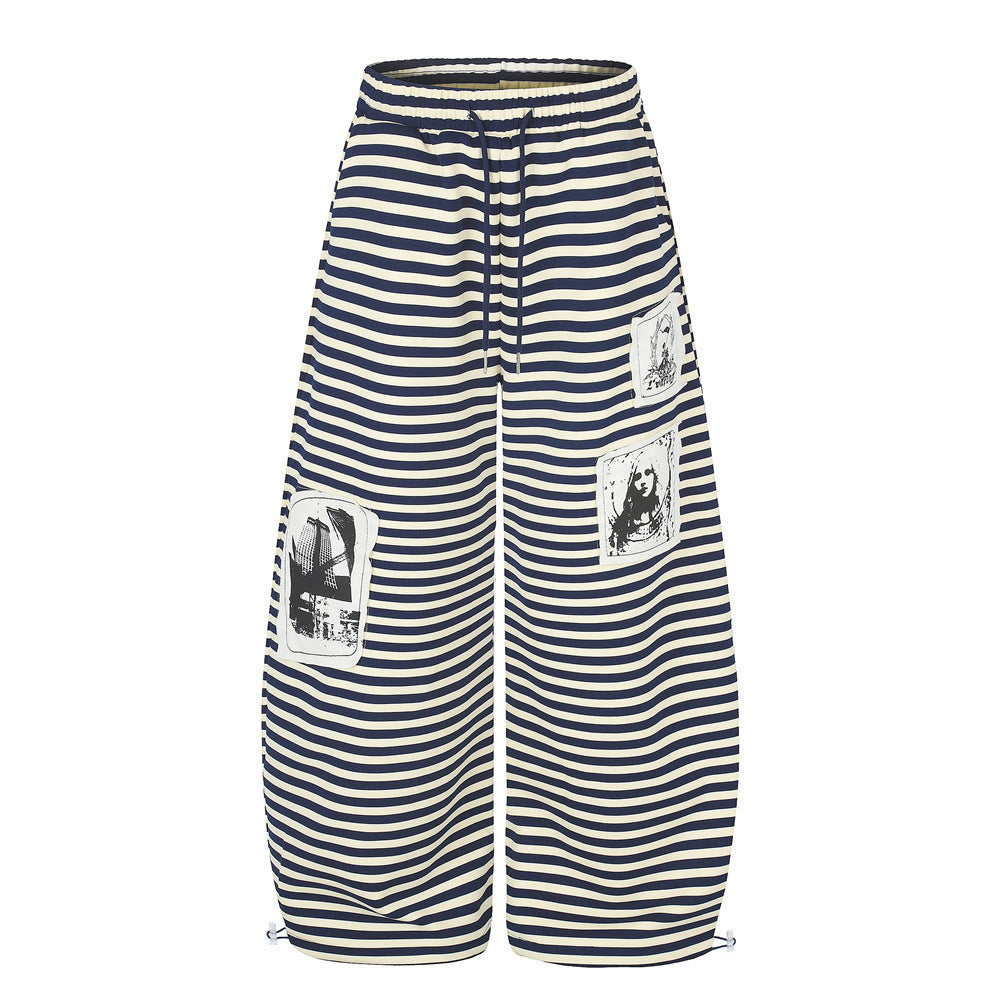 Men's Streetwear Stripe Wide-Leg Parachute Pants Casual Dark Portrait Patch Spliced Loose Trousers