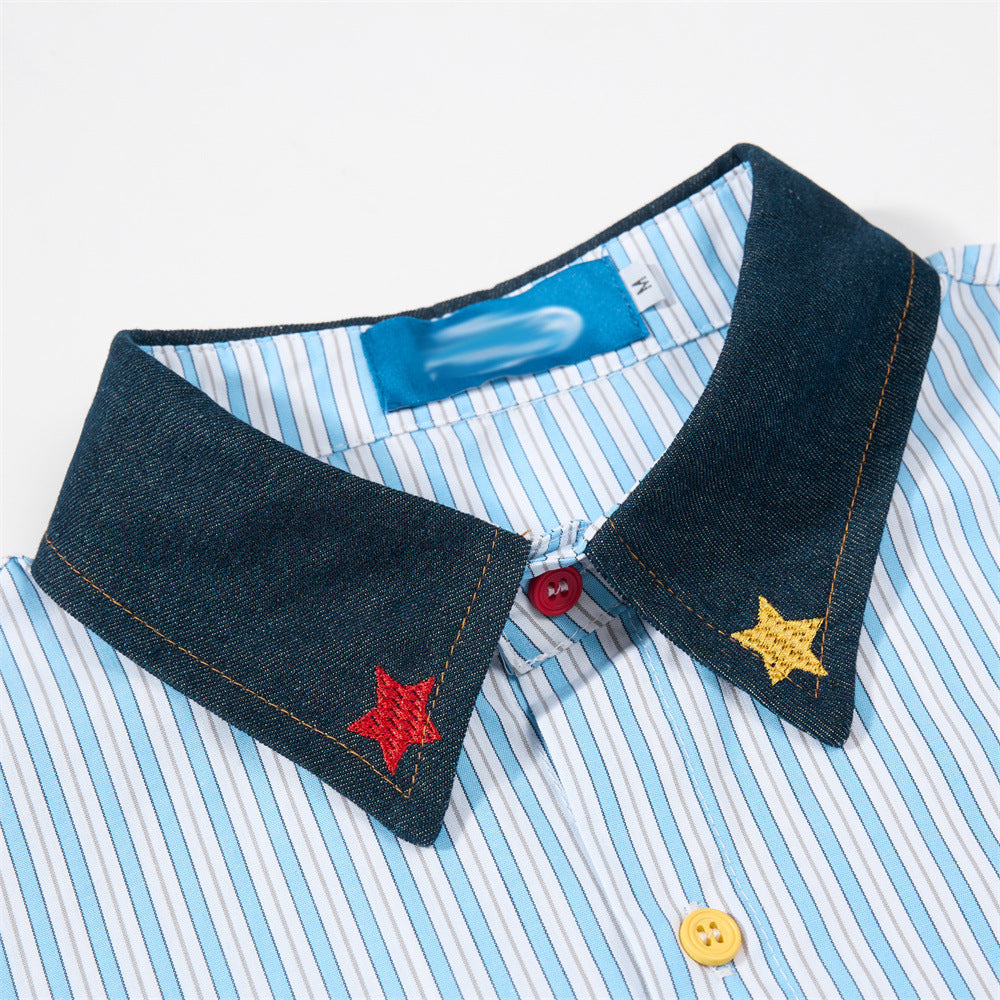 Men's Street Style Color Block Cartoon Mickey Vertical Striped Long Sleeve Lapel Collar Shirt