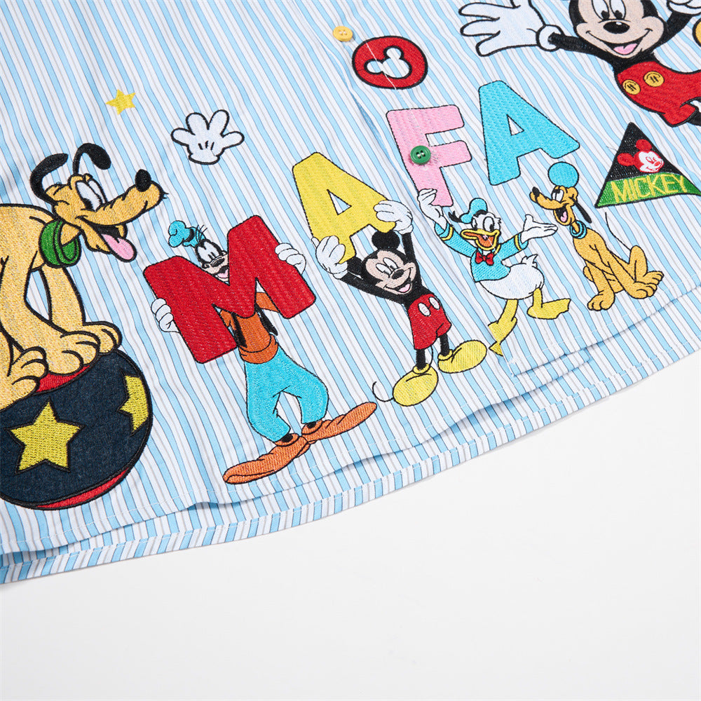 Men's Street Style Color Block Cartoon Mickey Vertical Striped Long Sleeve Lapel Collar Shirt