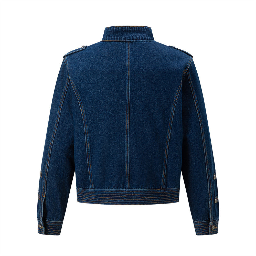 Men's Casual Denim Jacket with Button Closure and Stand Collar, Loose Fit