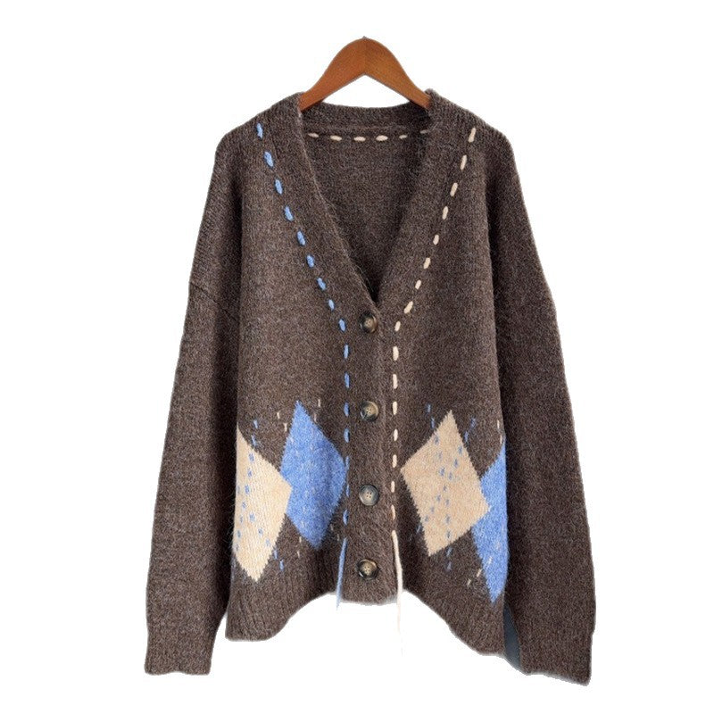Color blocking diamond grid loose V-neck sweater