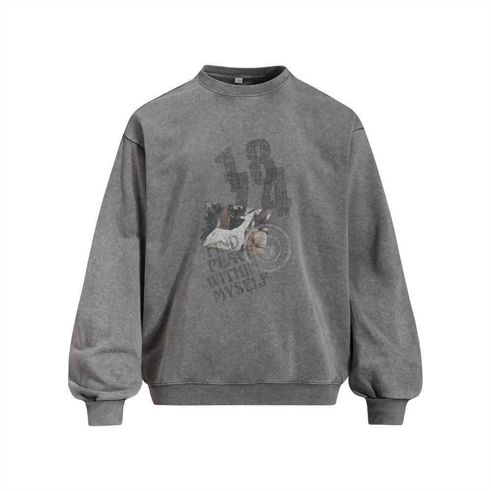 Street Punk Casual Vintage Distressed Letter Washed Long Sleeve Crew Neck Sweatshirt