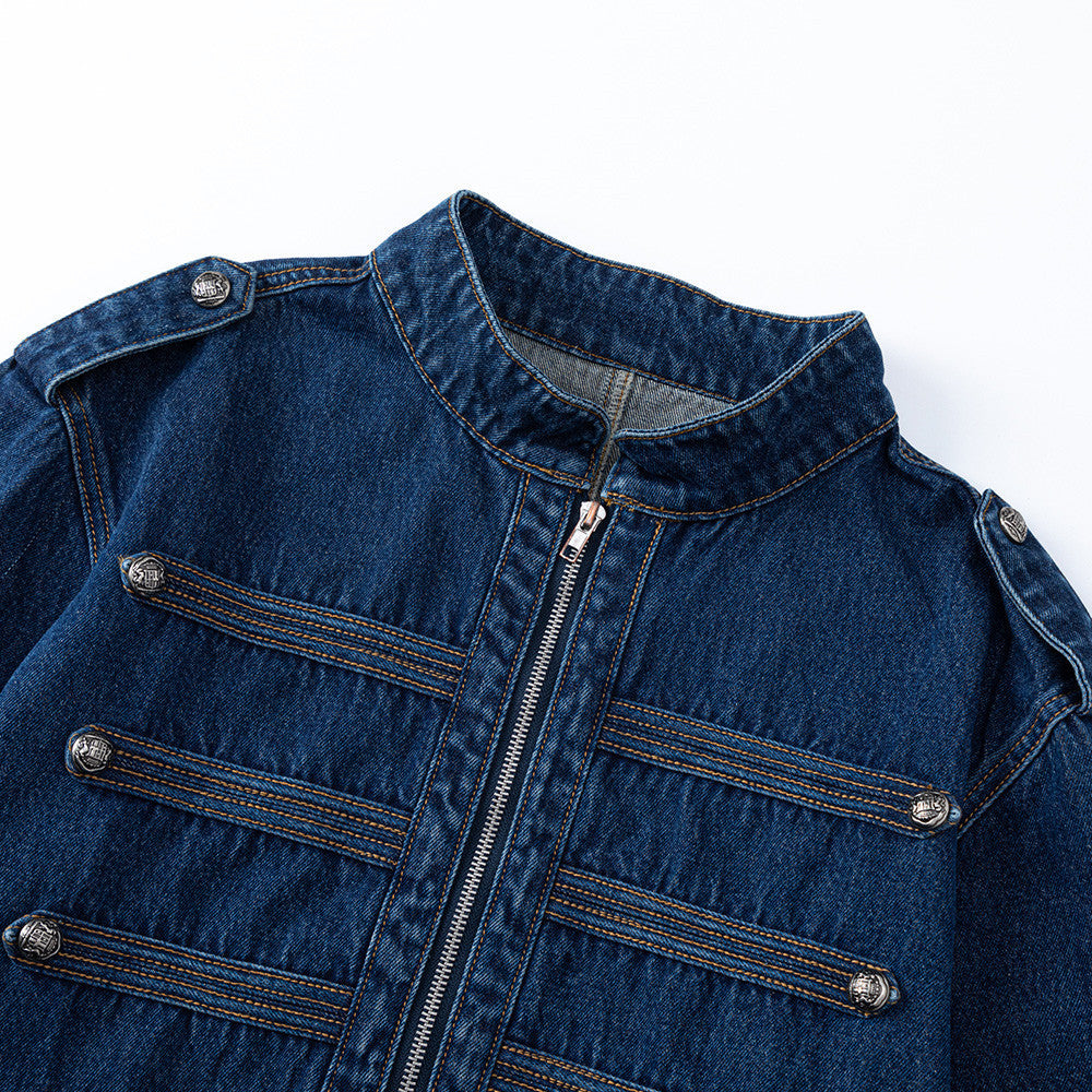 Men's Casual Denim Jacket with Button Closure and Stand Collar, Loose Fit