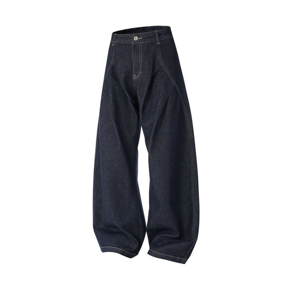 Men's High Street Wide Leg Raw Denim Jeans Solid Color Loose Fit Pleated Trousers with Pockets