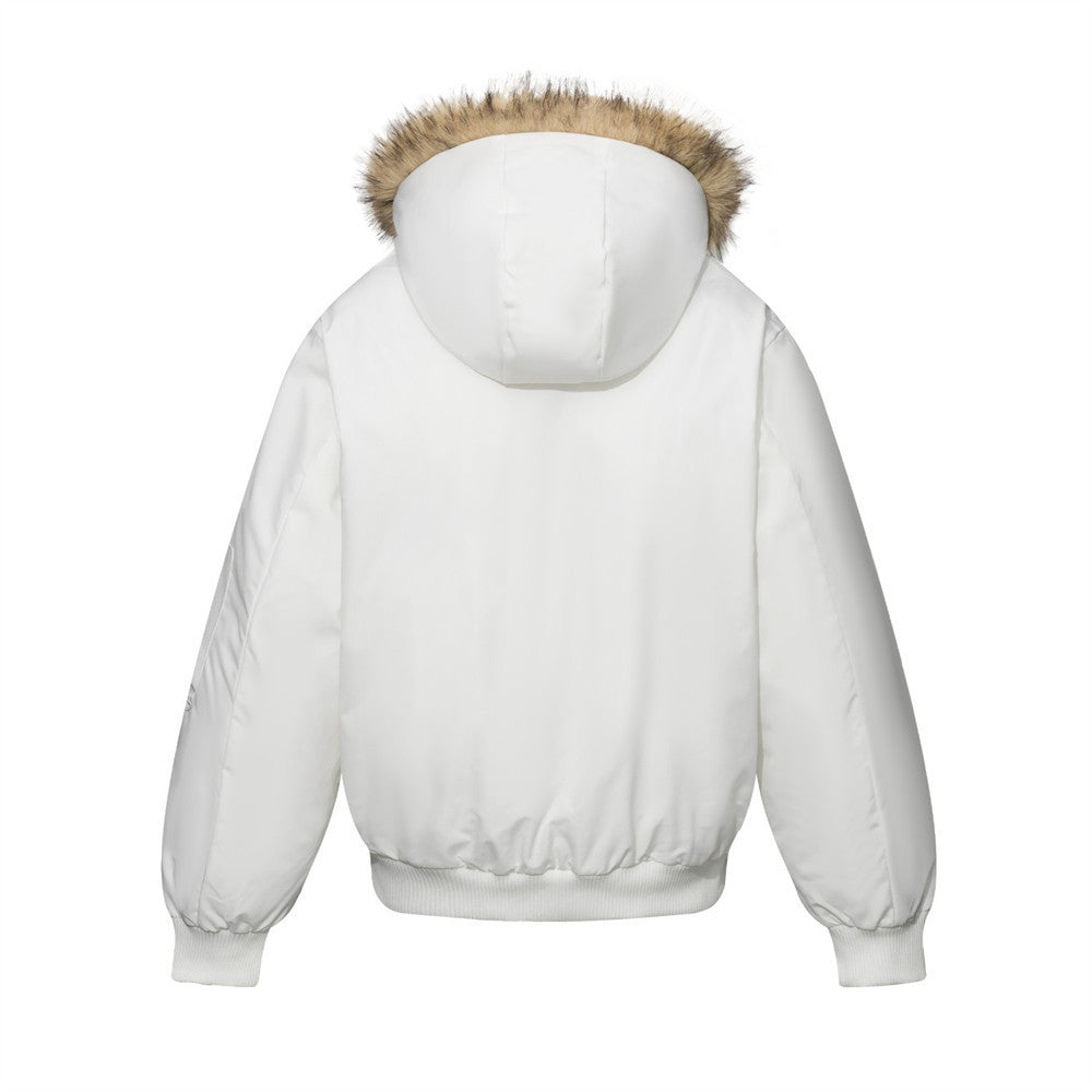 Men's Design Diagonal Zipper Hooded Padded Jacket with Fur Trim Loose Fit Winter Flight Coat