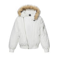 Men's Design Diagonal Zipper Hooded Padded Jacket with Fur Trim Loose Fit Winter Flight Coat