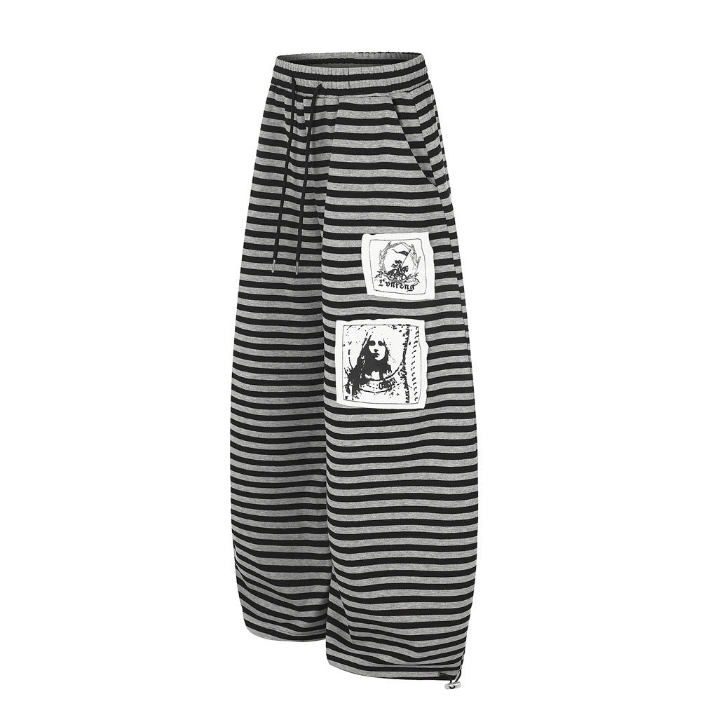 Men's Streetwear Stripe Wide-Leg Parachute Pants Casual Dark Portrait Patch Spliced Loose Trousers