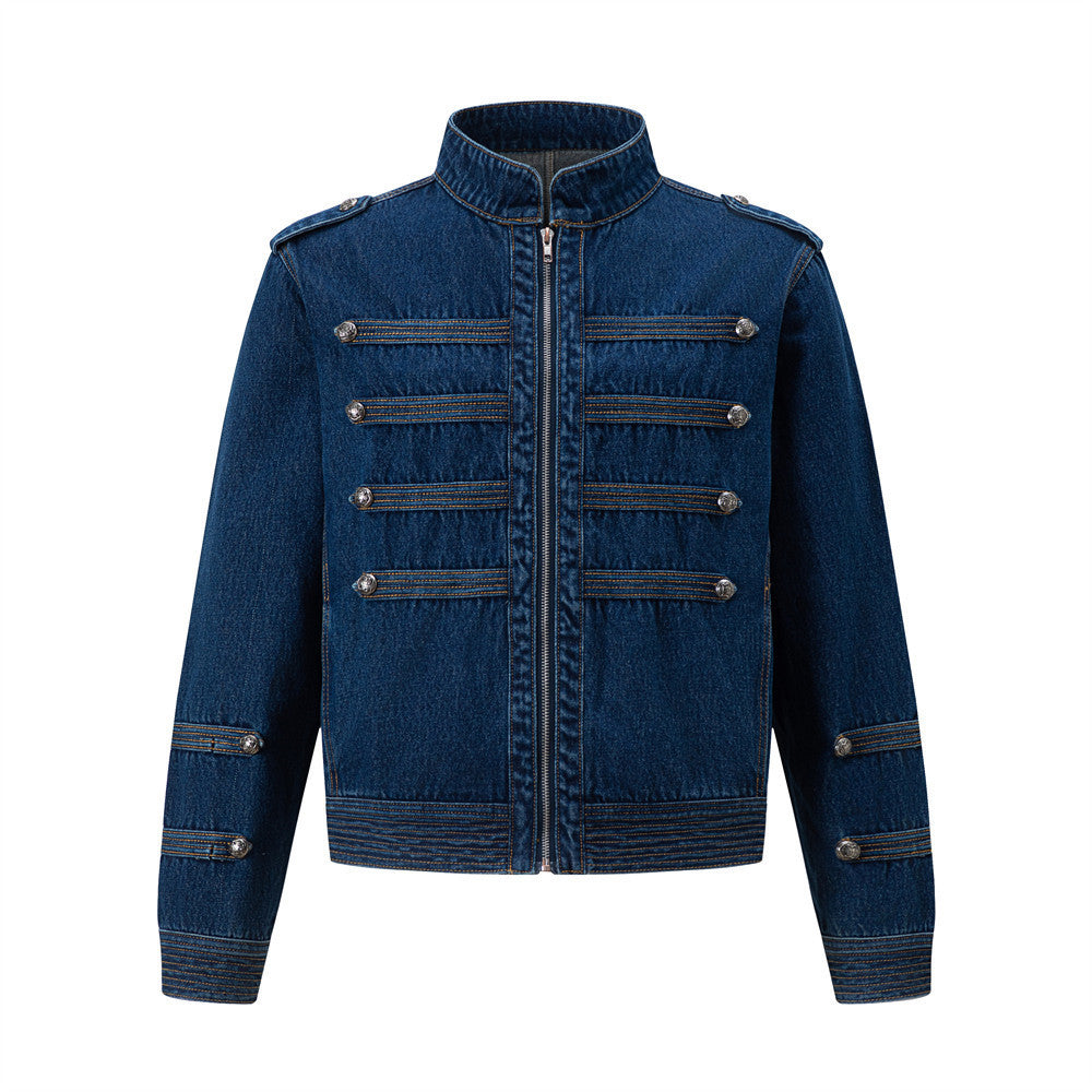 Men's Casual Denim Jacket with Button Closure and Stand Collar, Loose Fit