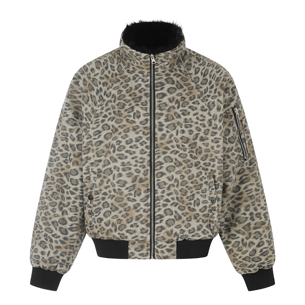 Punk Street Style Reversible Faux Fur Stand Collar Loose Fit Men's Leopard Print Winter Cotton Coat