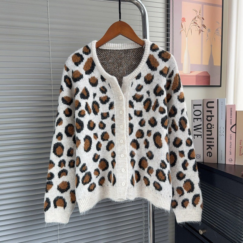 Leopard print long sleeved round neck sweater