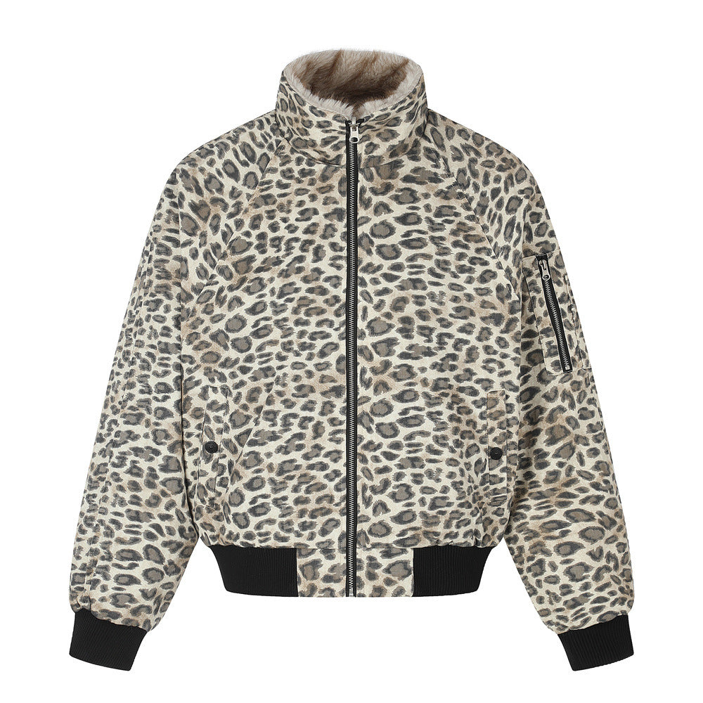 Punk Street Style Reversible Faux Fur Stand Collar Loose Fit Men's Leopard Print Winter Cotton Coat