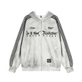 Men's Distressed Vintage Letter Embroidery Three-Strip Webbing Long Sleeve Zip-Up Hooded Streetwear Jacket
