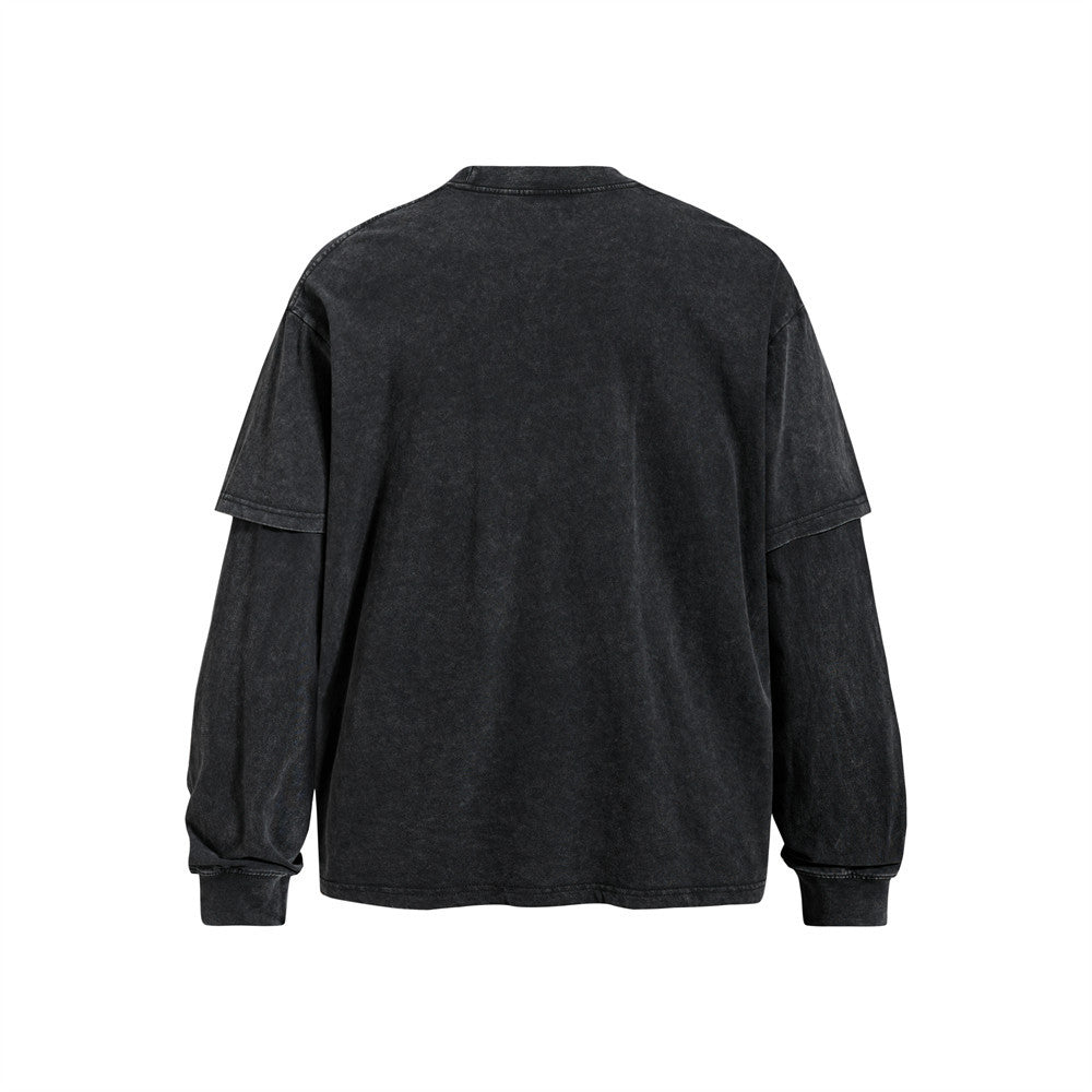 Men's Retro Abstract Print Long Sleeve T-Shirt Washed Distressed Pure Cotton Fake Two Piece Top