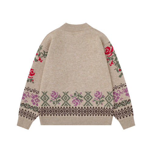 Euro Ethnic Jacquard Open Front Stand Collar Loose Fit Men's Knit Jacket