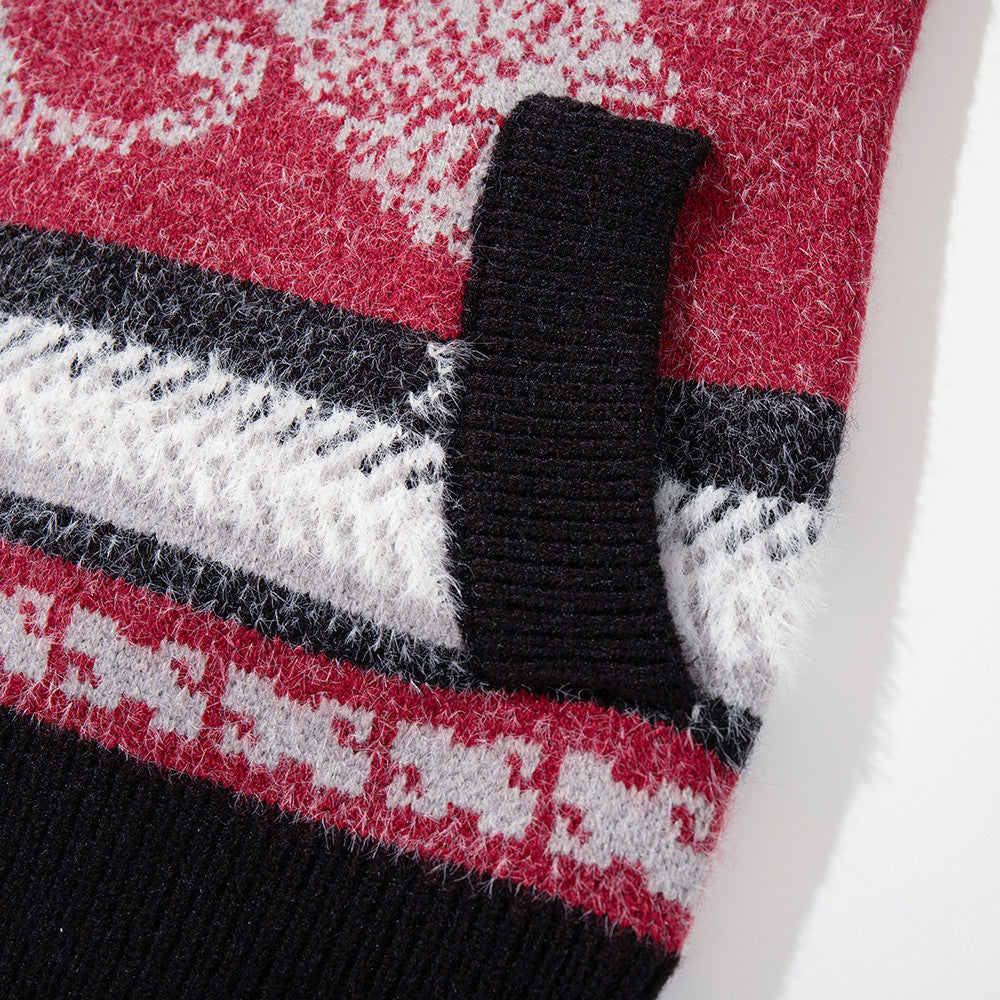 Men's Oversized Hooded Knit Cardigan Jacket with Fur Collar, Paisley Stripe Jacquard Pattern
