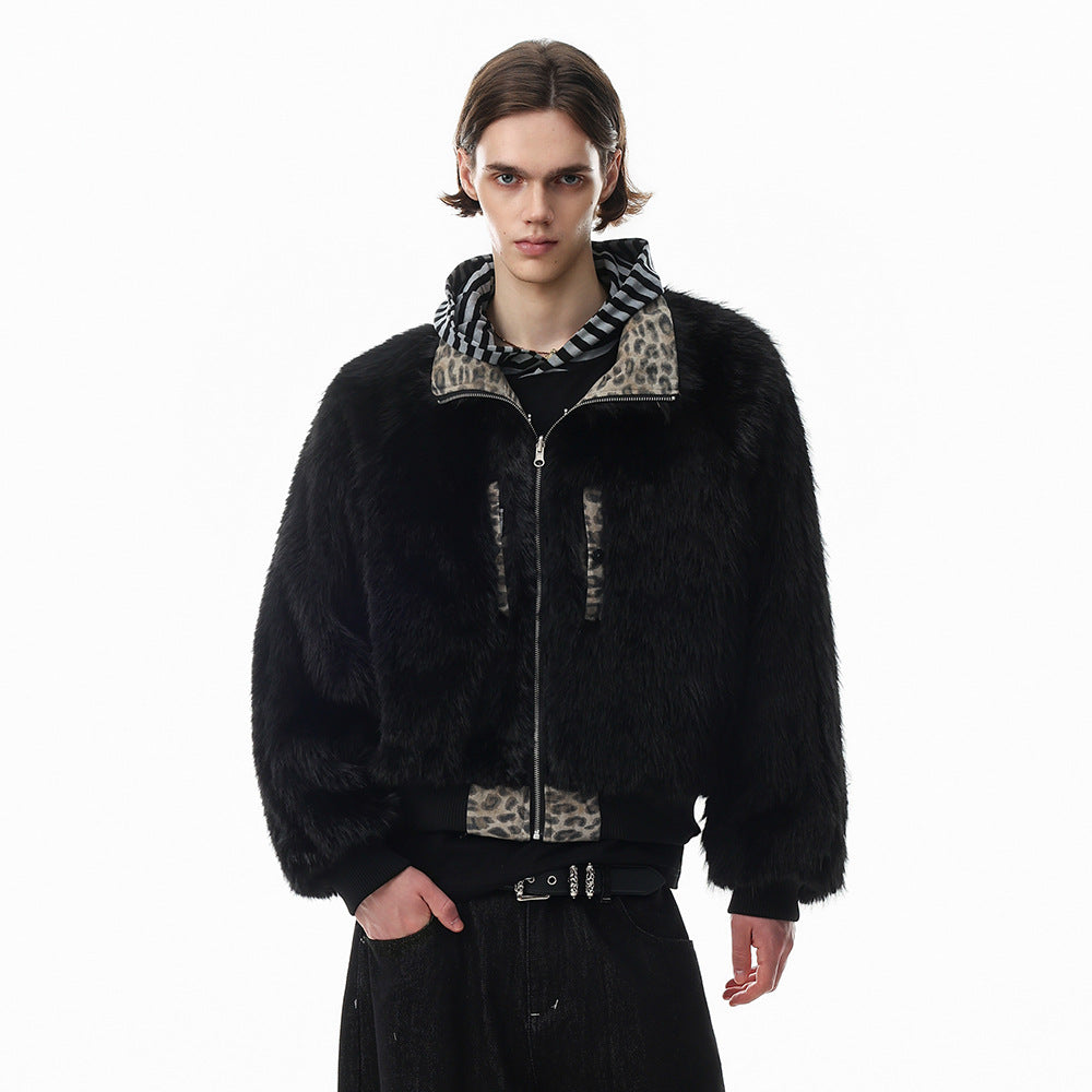 Punk Street Style Reversible Faux Fur Stand Collar Loose Fit Men's Leopard Print Winter Cotton Coat