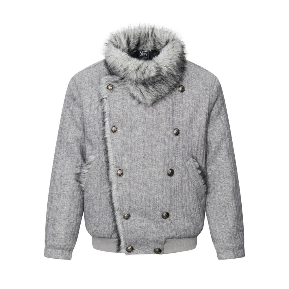 Quilted Cotton Jacket Double-Breasted High Neck Fur Collar Coat
