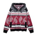 Men's Oversized Hooded Knit Cardigan Jacket with Fur Collar, Paisley Stripe Jacquard Pattern
